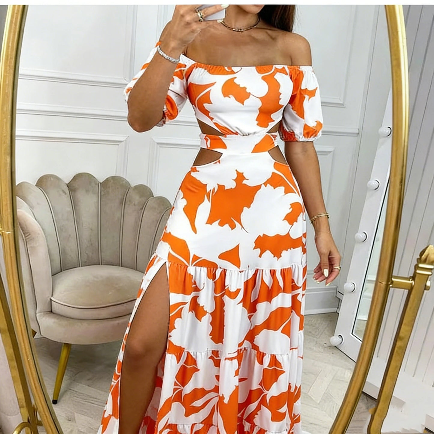 Fashion Women's Clothing Floral Print Temperament Slim Print Hollow Lace-up Dress