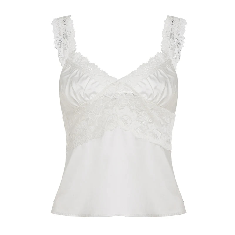 Z-2997 Women's White Lace V-Neck Satin Camisole Soft Breathable Sleeveless Tank with Wide Straps Elegant Casual Sheer Top