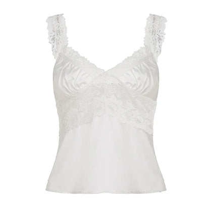 Z-2997 Women's White Lace V-Neck Satin Camisole Soft Breathable Sleeveless Tank with Wide Straps Elegant Casual Sheer Top