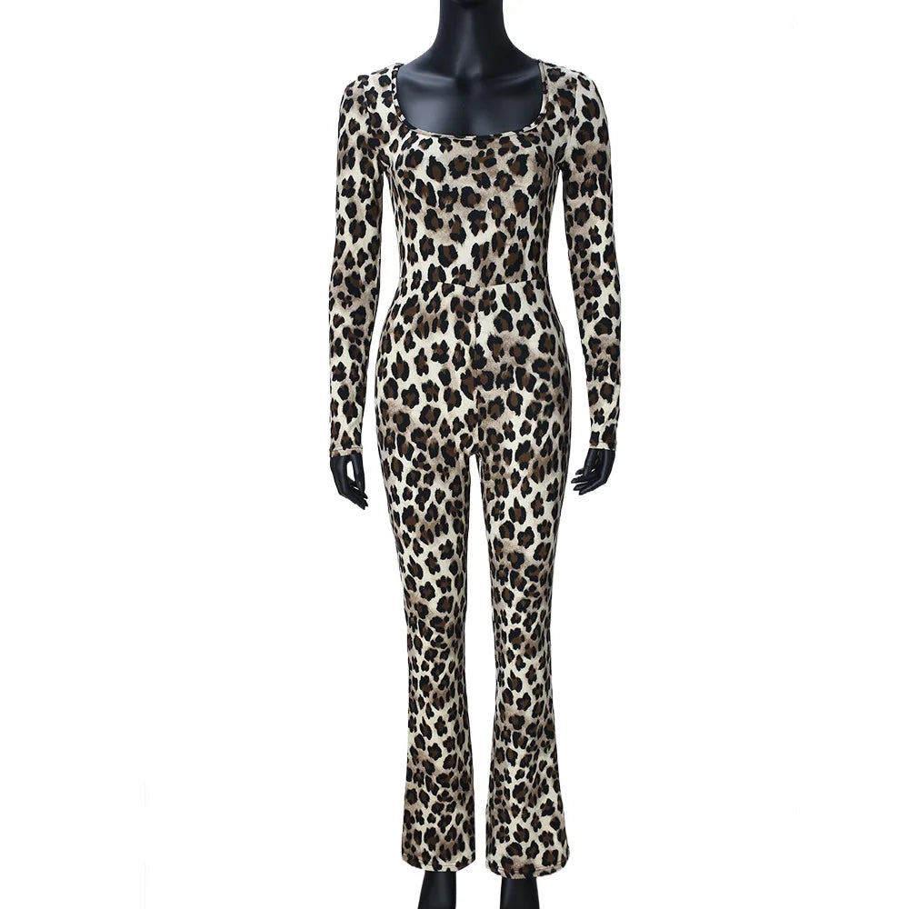 Women Chic Leopard Print Long-Sleeve Jumpsuit Elegant Sexy Design Slim Women Casual Jumpsuits Bodysuits