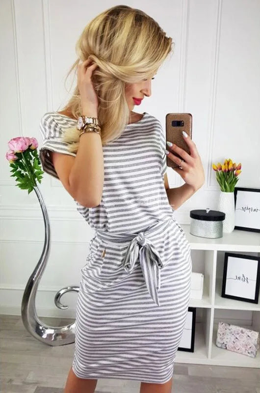 Wholesale New Fashion Women Summer O-neck Short Sleeve Dresses Striped Lace up Belt Waist Slim Casual Knee Length Pencil Dress