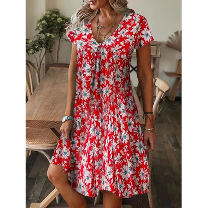 Women's Party Formal V-Neck Summer Jersey Dress Long Knee Floral Printed Full Digital Regular Fit Short Sleeved Woven Breathable