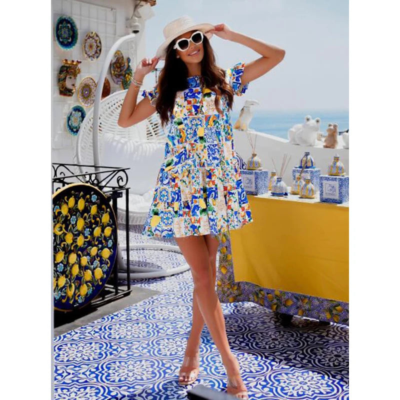 Summer Fashion Print A-line Dress Women O-neck Short Sleeve Ruffles Casual Loose Mini Dress 2023 Ladies Holiday Beach Dresses