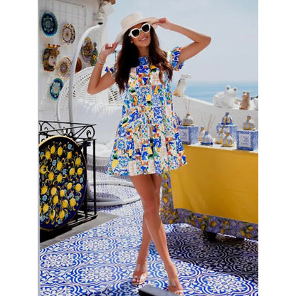 Summer Fashion Print A-line Dress Women O-neck Short Sleeve Ruffles Casual Loose Mini Dress 2023 Ladies Holiday Beach Dresses