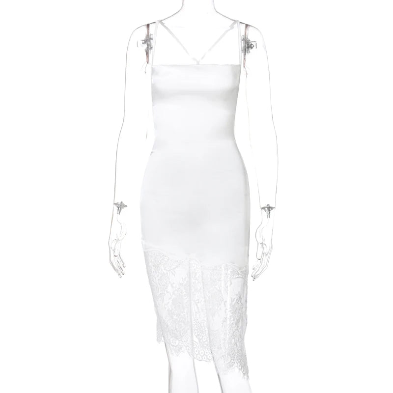 Dress Hollow Out Halter Lace Patchwork Backless Solid See Through Bodycon Sexy Dresses Midi Summer Beach Women's Clothing 1978