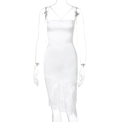 Dress Hollow Out Halter Lace Patchwork Backless Solid See Through Bodycon Sexy Dresses Midi Summer Beach Women's Clothing 1978
