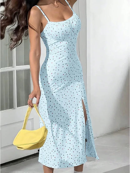 Women's Spaghetti Strap Floral Print Midi Dress, Bodycon Slit Hem Casual Summer Dress