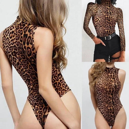 11 Women's Casual Leopard Print Above Knee Sleeveless Skinny Fit Summer Polyester Knitted Jumpsuit