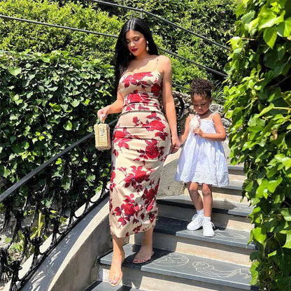 Summer Elegant Casual Dresses Sexy Fashion Women's Dress Rose Print Ribbon Satin Maxi Dress Ladies