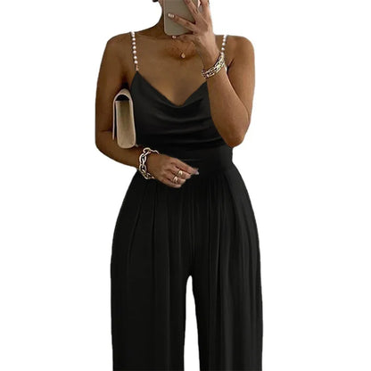 Manufactory Custom Style or Logo ODM Elegant Women Pearl Halter Sleeveless Jumpsuit One Piece Summer Wide Leg Jumpsuit