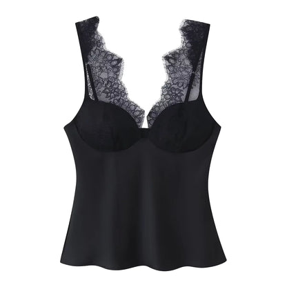 TOUCH WAY Women 2025 Summer Breathable Sweet Lace Twill Texture Tank Tops V-Neck Vintage Backless Camis Chic Solid Pattern 100%