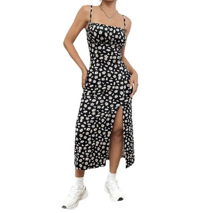 Women's Spaghetti Strap Floral Print Midi Dress, Bodycon Slit Hem Casual Summer Dress