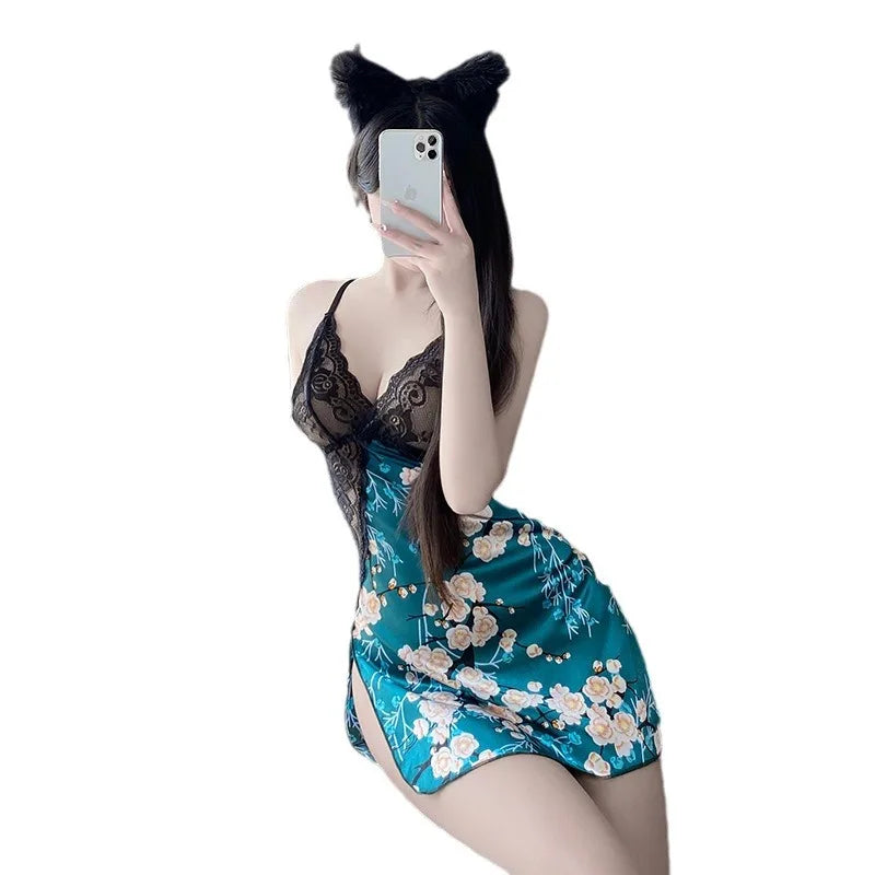 Sexy Deep V Lace 2-Piece Sleeveless Lingerie Set Women Sleepwear Nightgown Slim Fit Exotic Intimate Apparel Underwear Nighty