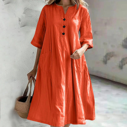 Women's Solid Color Medium Long Dress V-neck Half Sleeve Loose Pocket Dress Custom logo