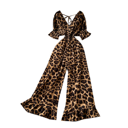 Summer Casual V-Neck Tunic Jumpsuit For Women Flare Sleeve High Waist Leopard Printed Lace Long Jumpsuit Wholesale