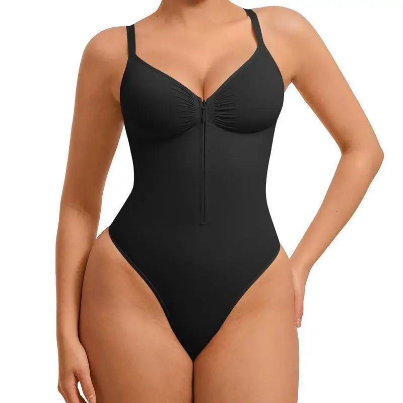 Cross-border E-commerce Bestseller European American-style Sexy High-elasticity Nylon Polyamide Zip-up Bodycon Jumpsuit V-neck