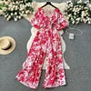 Casual V Neck Slim Jumpsuit for Women Puff Sleeve High Waist Printed Lace Long Jumpsuit Wholesale