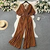 Casual V Neck Slim Jumpsuit for Women Puff Sleeve High Waist Printed Lace Long Jumpsuit Wholesale
