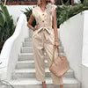 Elegant Ladies Sleeveless V Neck Buttons Long Pants Jumpsuit Soild Colour Casual Jumpsuits