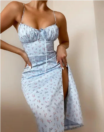 Women's Casual Summer Vintage Floral Midi Dress Slip-on Backless Sundress Strapless Sexy Sleepwear Worsted Beach-Style Sundress