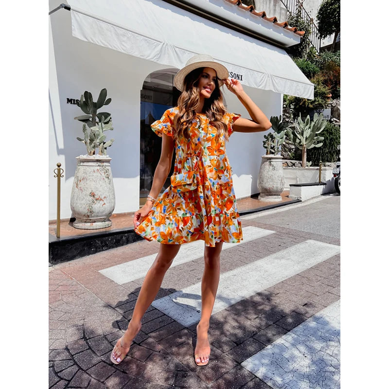 Summer Fashion Print A-line Dress Women O-neck Short Sleeve Ruffles Casual Loose Mini Dress 2023 Ladies Holiday Beach Dresses