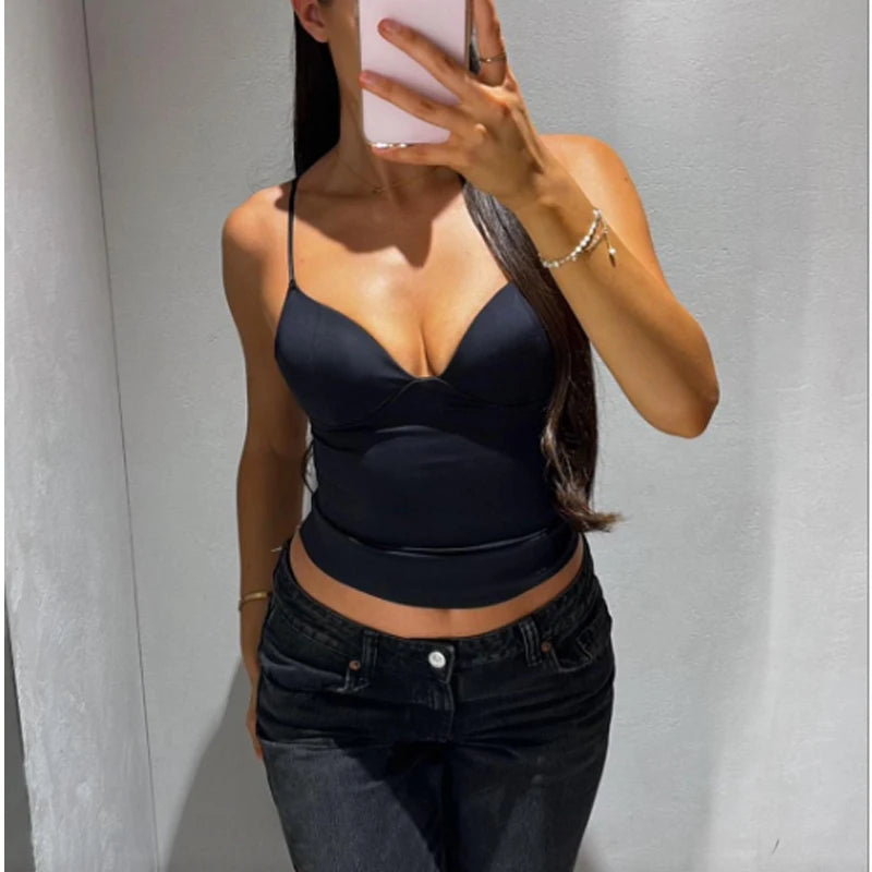 ZEVITY Sexy Corset Top Women Backless Bra Crop Tank Camis Slip Tops Sleeveless Bustier Short Dobby Fabric Bow Collar Vest