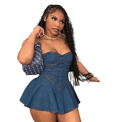 Strapless off Shoulder Denim Mini Dress Clubwear for Women's 2024 Summer Vintage Jeans Dresses