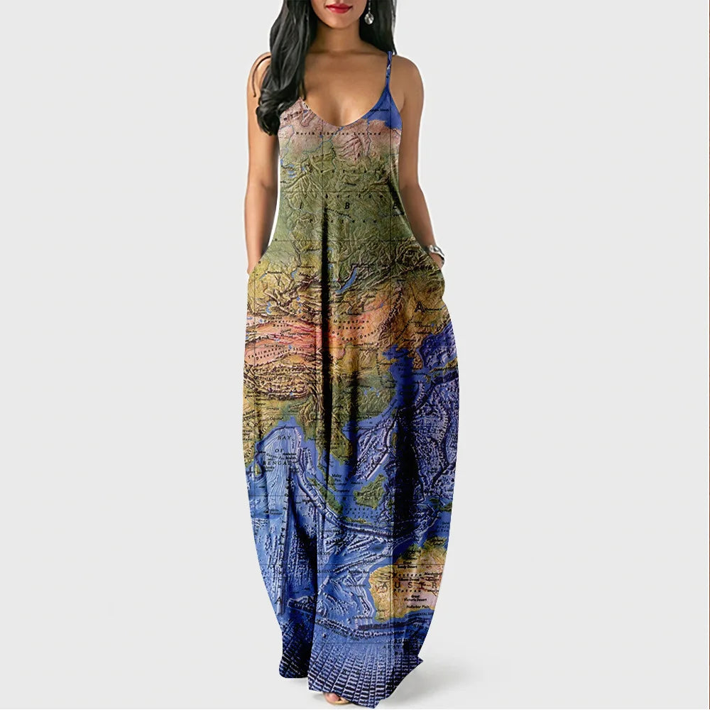 New Arrival Women Summer Clothing Earth Prints Long Maxi Dress Luxury Beachwear Clothes Plus Size 4XL Women's Cami Sun Dresses