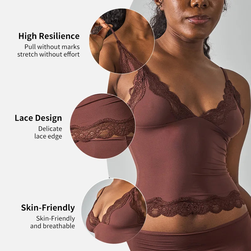 SK1268 Deep V Lace Trim Sleeveless  Cami Top with Nylon Spandex Fabric Mid Stretch Slim Fit Daily Layering Tank