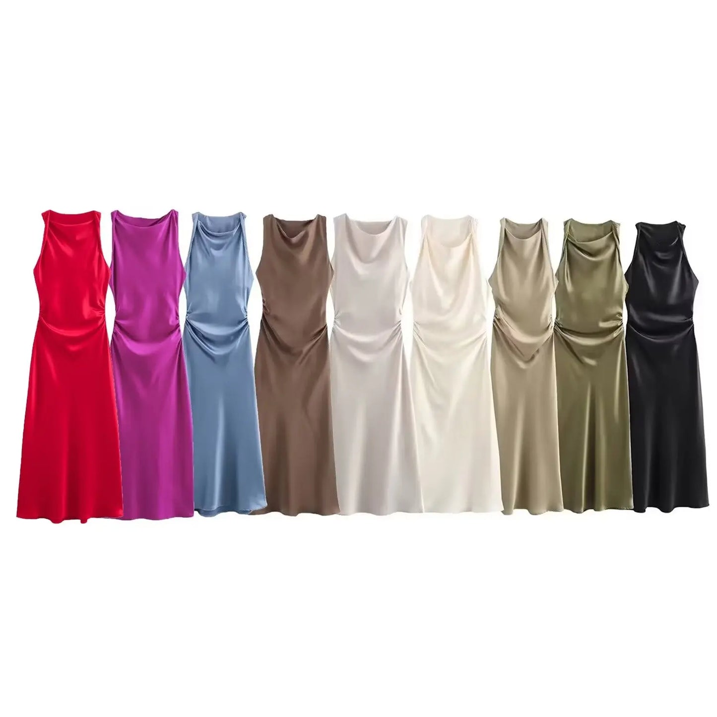 2024  Women's Purple Satin Midi Dress New Sleeveless Slim Pleated Vest Long Skirt Pattern Solid Vestidos Mujer