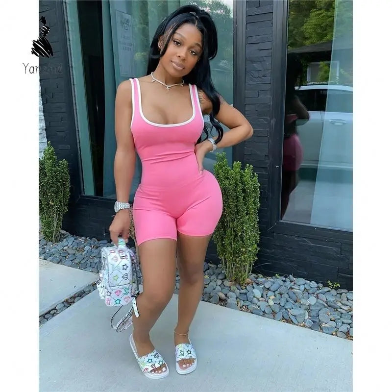 Yanzhui Casual Jumpsuit Women One Piece Letter Pattern Short Elegant Lady Regular Fit Plus Size Sexy Tank Rompers