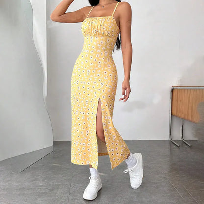 Women's Spaghetti Strap Floral Print Midi Dress, Bodycon Slit Hem Casual Summer Dress