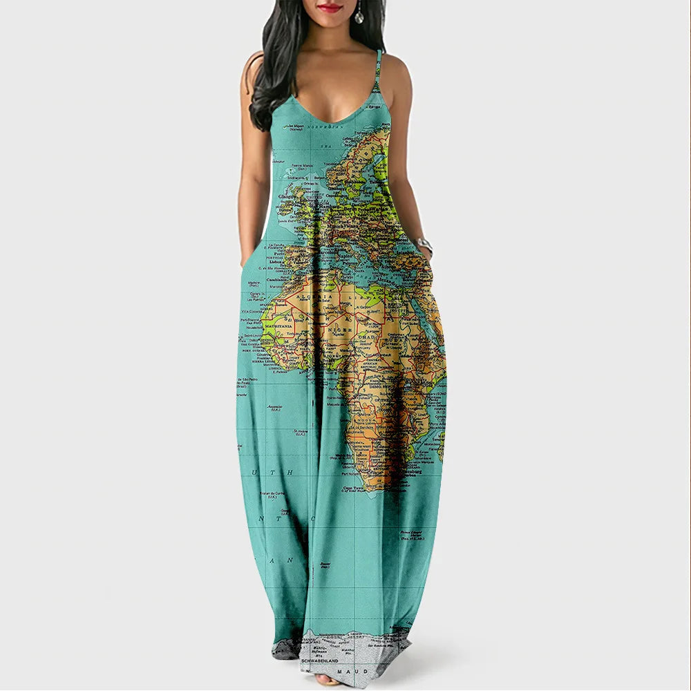 New Arrival Women Summer Clothing Earth Prints Long Maxi Dress Luxury Beachwear Clothes Plus Size 4XL Women's Cami Sun Dresses