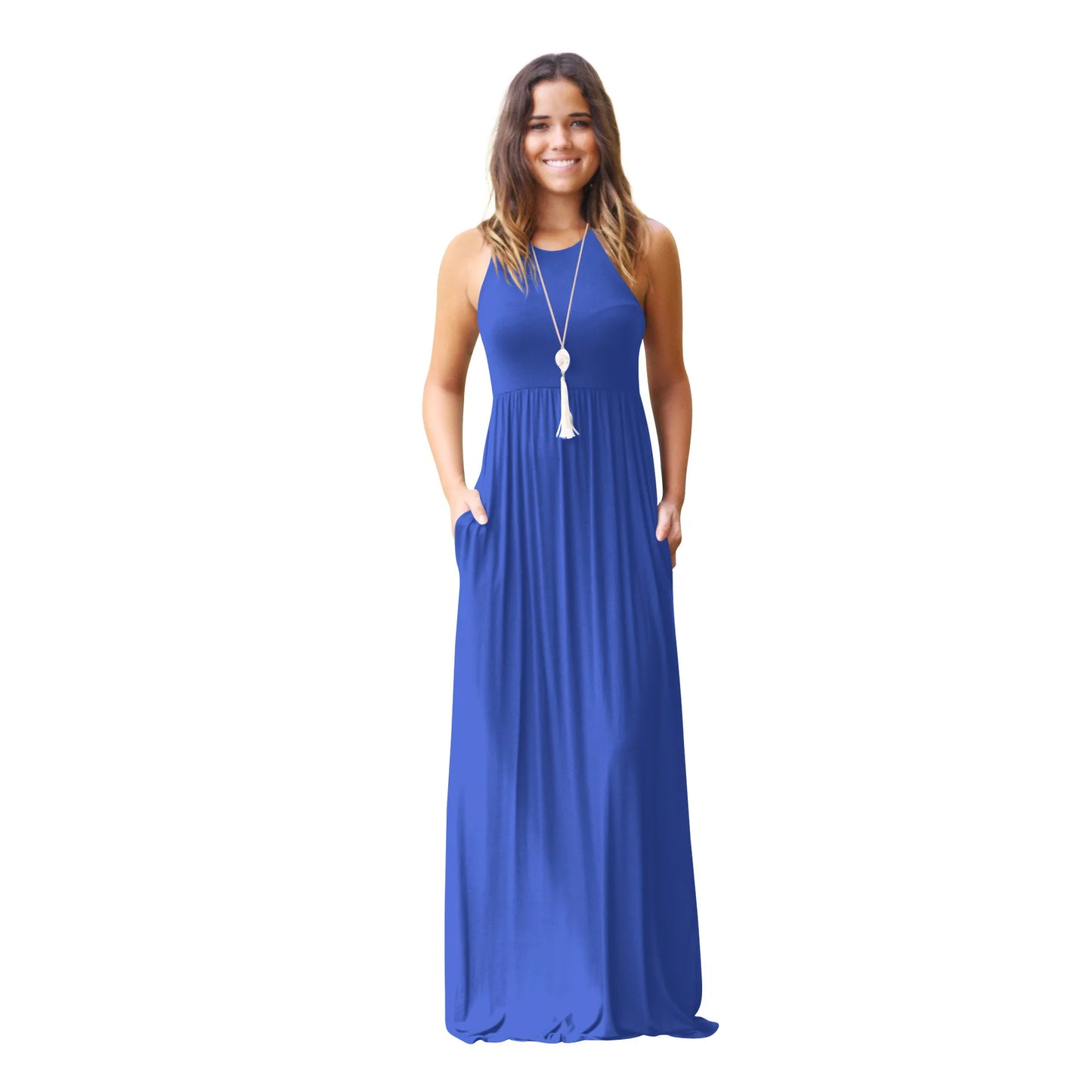 Female Solid Long Boho Dress Lady Beach Summer Sundrss Maxi Dress Women's Sleeveless Solid Color Pocket Dress Vestido De Verano