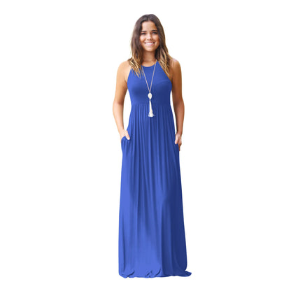 Female Solid Long Boho Dress Lady Beach Summer Sundrss Maxi Dress Women's Sleeveless Solid Color Pocket Dress Vestido De Verano