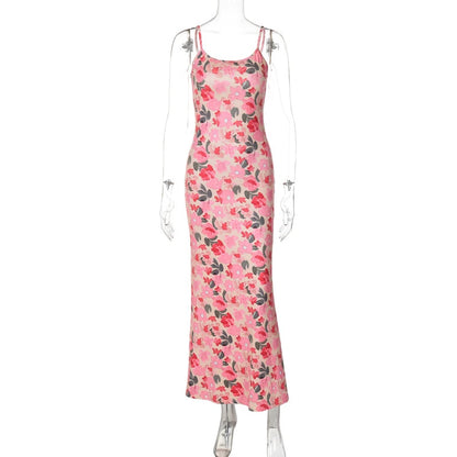 Enyami Women's Summer New Slimming Slim Sexy Backless Sleeveless Printed Sling Flower Women Dress
