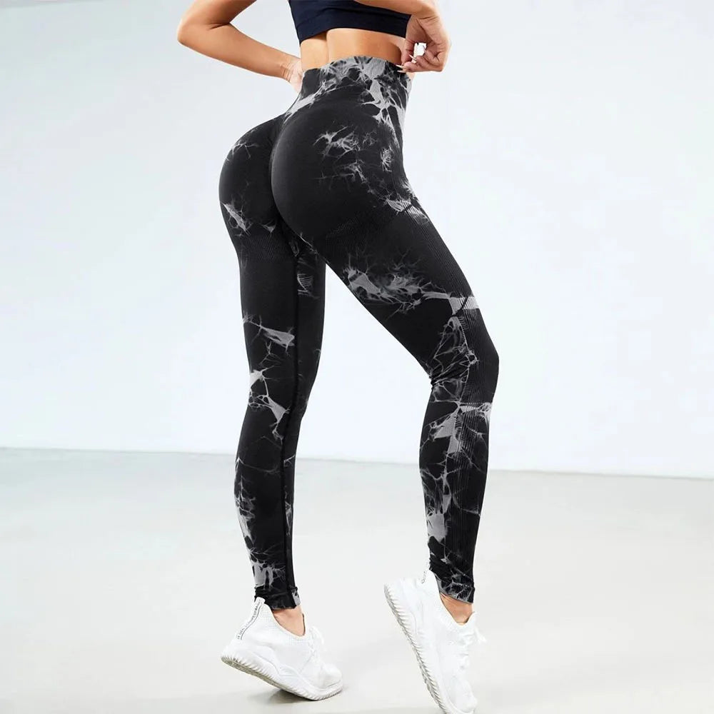 Seamless High Waist Yoga Tights Women Tie-Dye Ruched Butt Lifting Sports Leggings