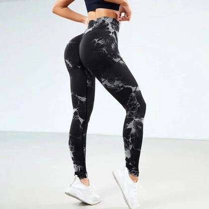 Seamless High Waist Yoga Tights Women Tie-Dye Ruched Butt Lifting Sports Leggings