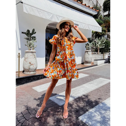 Summer Fashion Print A-line Dress Women O-neck Short Sleeve Ruffles Casual Loose Mini Dress 2023 Ladies Holiday Beach Dresses