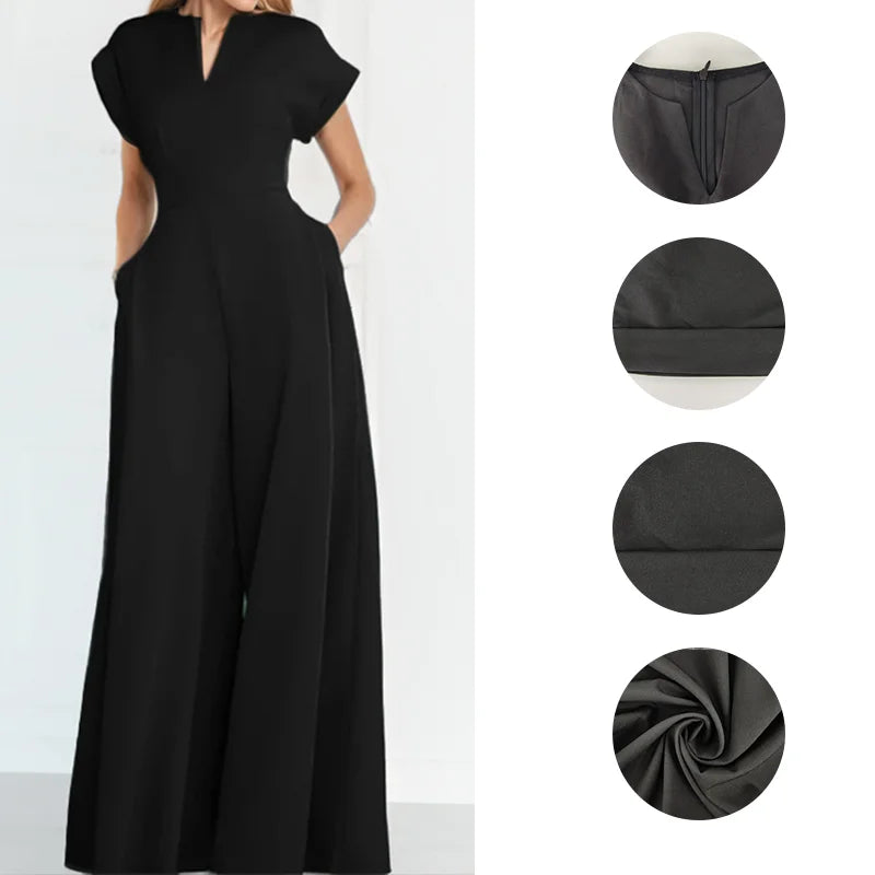 Ready to Ship Women's Loose Jumpsuits Solid Color High Waist V Neck Wide Leg Jumpsuits With Pockets Casual Office Workwear