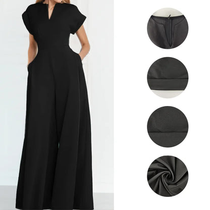 Ready to Ship Women's Loose Jumpsuits Solid Color High Waist V Neck Wide Leg Jumpsuits With Pockets Casual Office Workwear