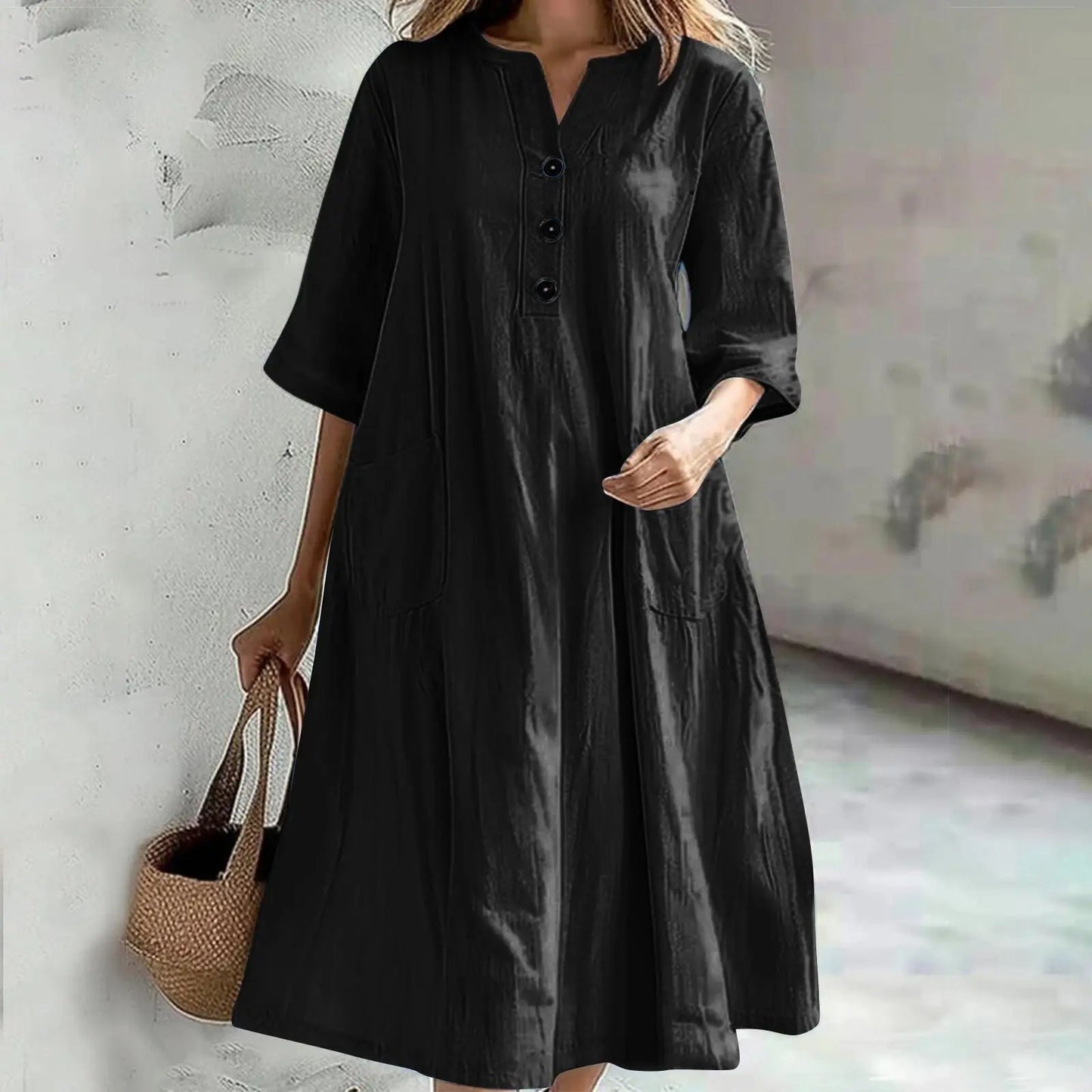 Women's Solid Color Medium Long Dress V-neck Half Sleeve Loose Pocket Dress Custom logo