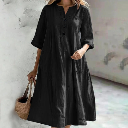 Women's Solid Color Medium Long Dress V-neck Half Sleeve Loose Pocket Dress Custom logo