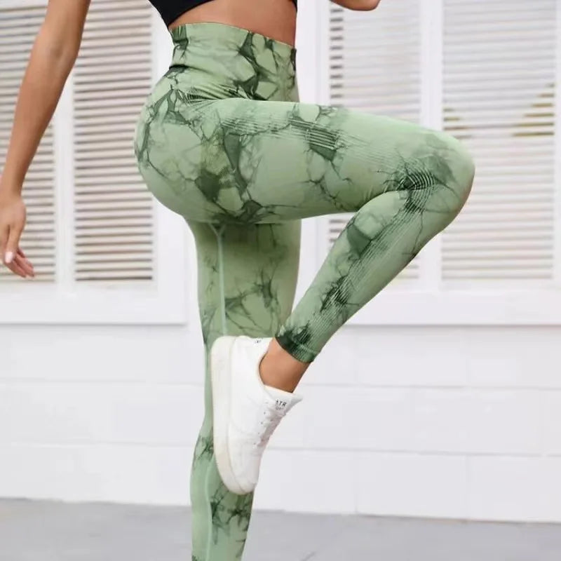 Seamless High Waist Yoga Tights Women Tie-Dye Ruched Butt Lifting Sports Leggings