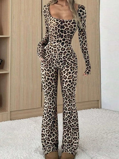 Women Chic Leopard Print Long-Sleeve Jumpsuit Elegant Sexy Design Slim Women Casual Jumpsuits Bodysuits