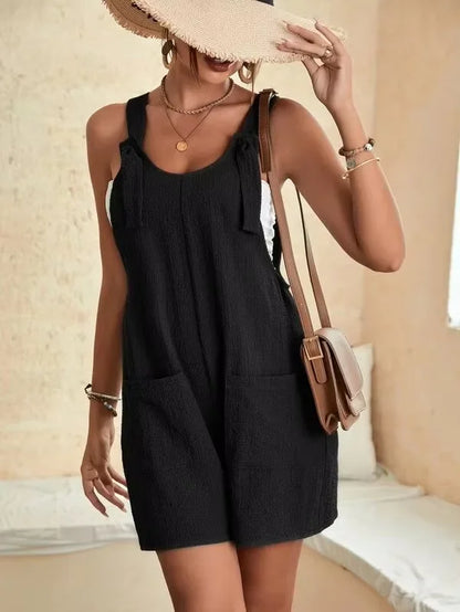 Summer Casual Halter Loose Suspenders Playsuit Sleeveless Sexy Short Jumpsuit with Pockets Women Wholesale Fashion