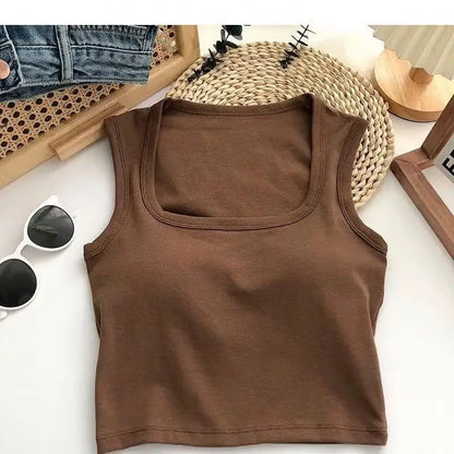 Summer New With Bra Pads square Neck Wide Shoulder Wholesale Women One-piece With Cups Outside Sexy Inside Hot tank Tops