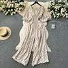 Casual V Neck Slim Jumpsuit for Women Puff Sleeve High Waist Printed Lace Long Jumpsuit Wholesale