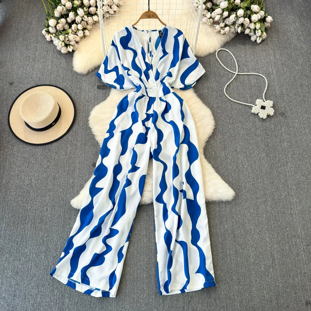 Fashion Short Sleeve V-Neck Casual High Waist Printed Wide Leg Jumpsuit