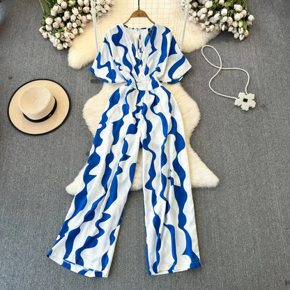 Fashion Short Sleeve V-Neck Casual High Waist Printed Wide Leg Jumpsuit